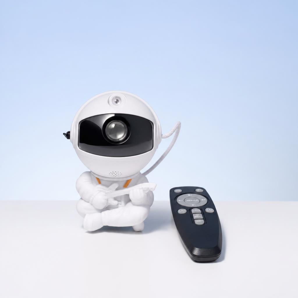 Astronauta proyector de galaxia con su control remoto