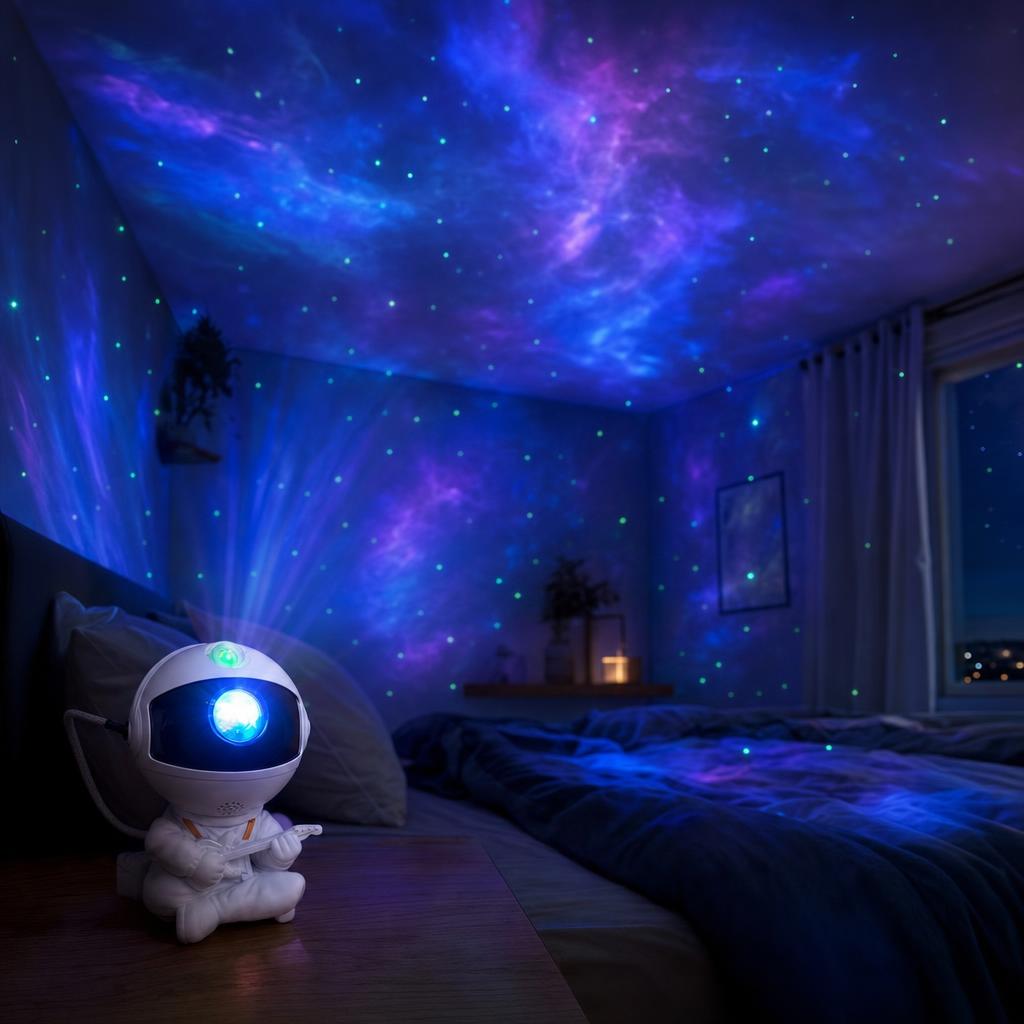 Astronauta proyector encendido proyectando una galaxia en el techo