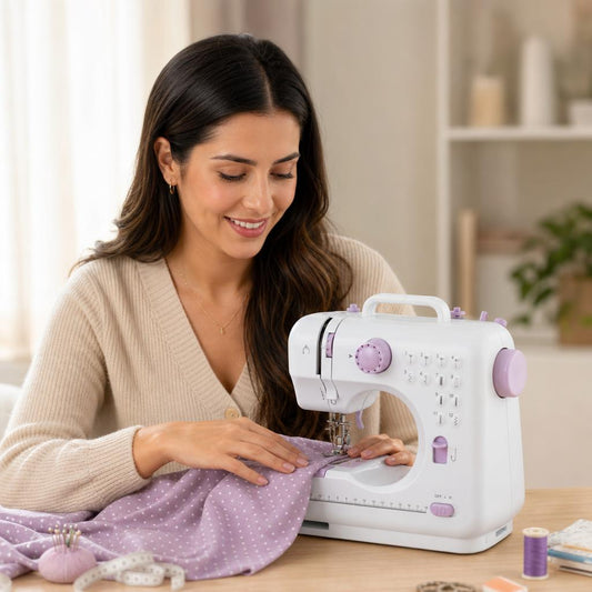 Mujer cosiendo en casa con la máquina de coser portátil Hilvana