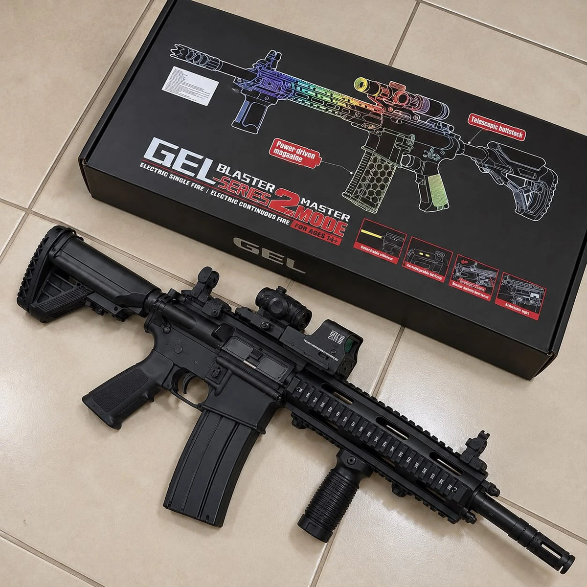 Pistola de hidrogel HK416 con su caja